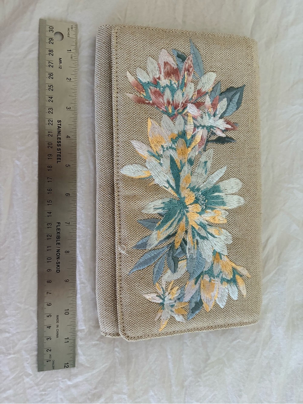 Tommy Bahama Beige Canvas Floral Embroidered Clutch with Teal and Yellow Accents